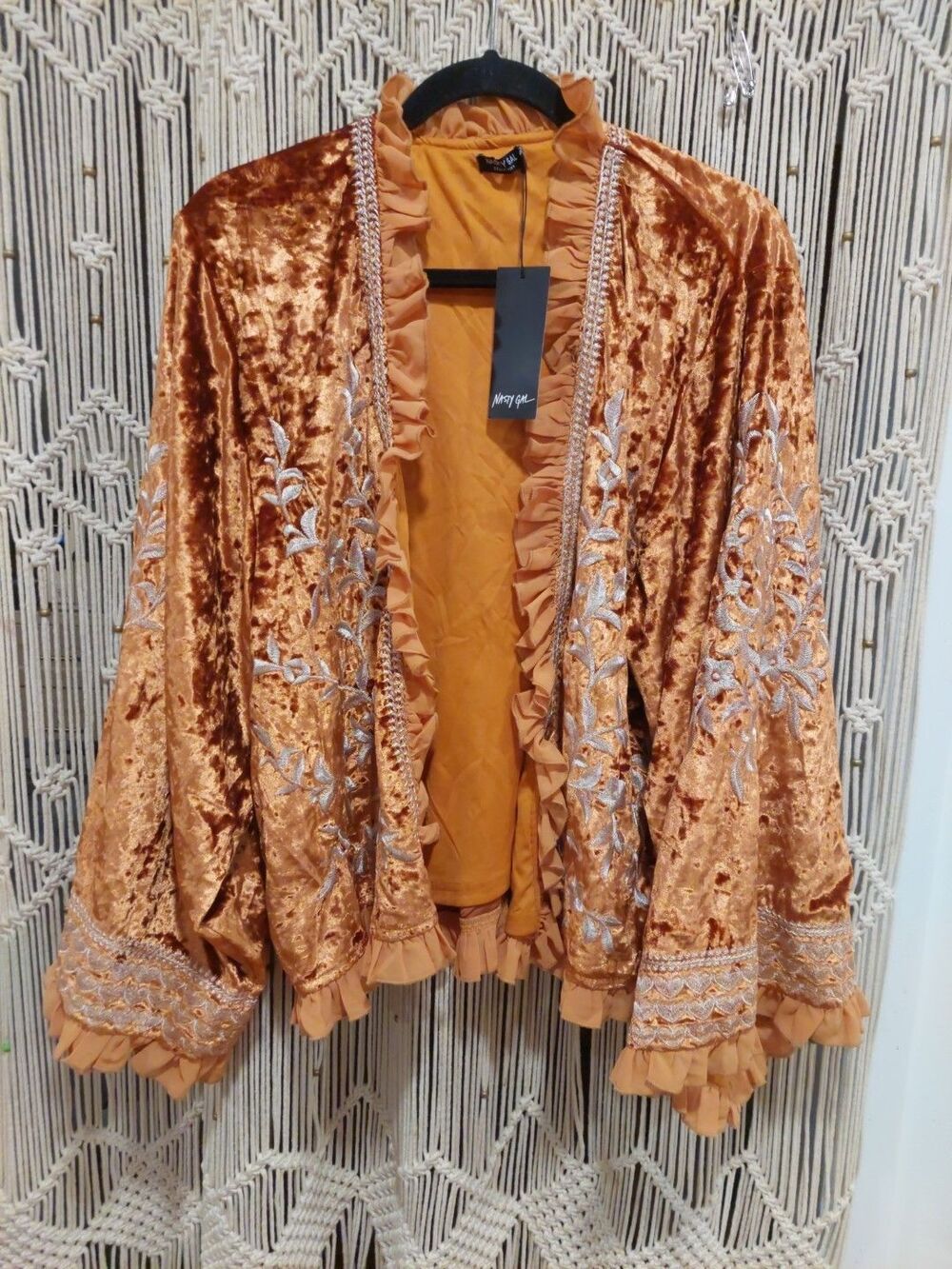 NWT Nasty Gal Boho Burnt Orange Velvet Embroidered Kimono Jacket Sz S/4
